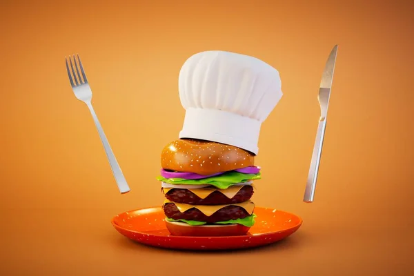 a burger in a chef\'s hat on a plate around which is a knife and fork on an orange background. 3D render.