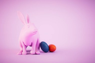 the concept of Easter. Easter bunny and colorful Easter eggs on a pastel background. 3D render.