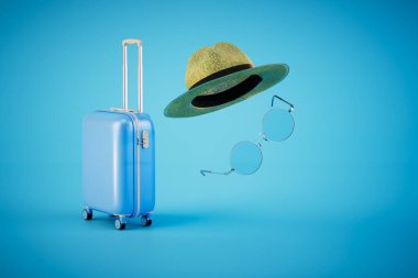the concept of travel. hat, glasses and luggage on a blue background. 3D render.