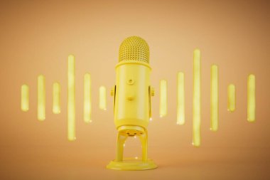 Record an audio track. Professional yellow microphone and audio track on pastel background. 3D render.