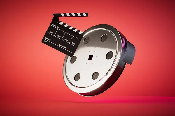 the concept of filming the film. video film and cinematic cracker on a red background. 3D render.