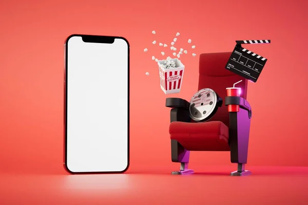 online cinema. a smartphone next to which is a chair, video film, popcorn and soda on a red background. 3D render.