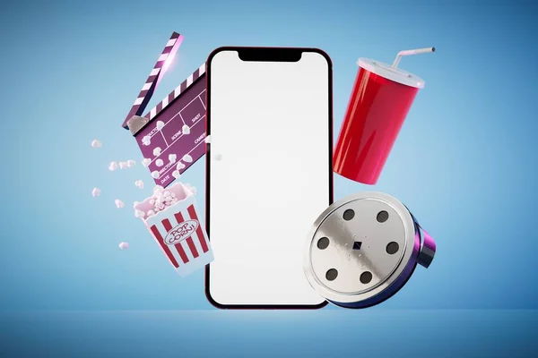 watch movies online. smartphone, videotape, popcorn and soda on a blue background. 3D render.