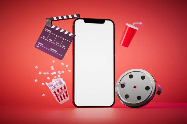 home online cinema. a smartphone next to which is videotape, cracker, popcorn and soda. 3D render.