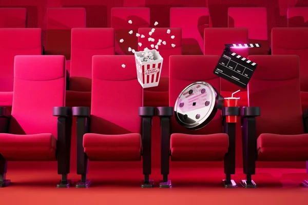 the concept of going to the cinema. soft red chairs, videotape, popcorn and soda. 3D render.