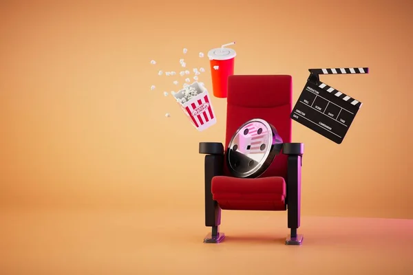 the concept of watching movies. a red chair with videotape, popcorn and soda on an orange background. 3D render.
