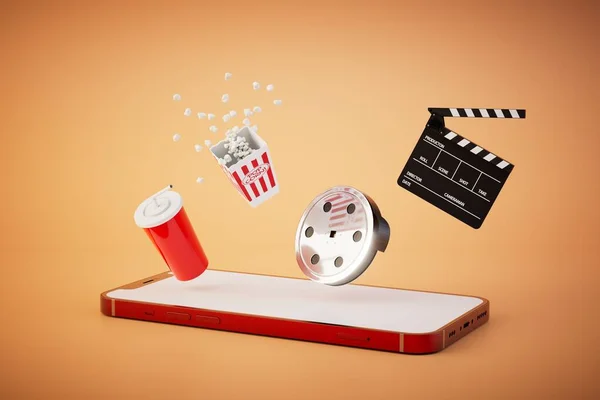 the concept of an online cinema. a smartphone on which is videotape, popcorn, soda and cracker. 3D render.