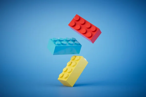 multi-colored Lego blocks flying across a blue background. 3D render.
