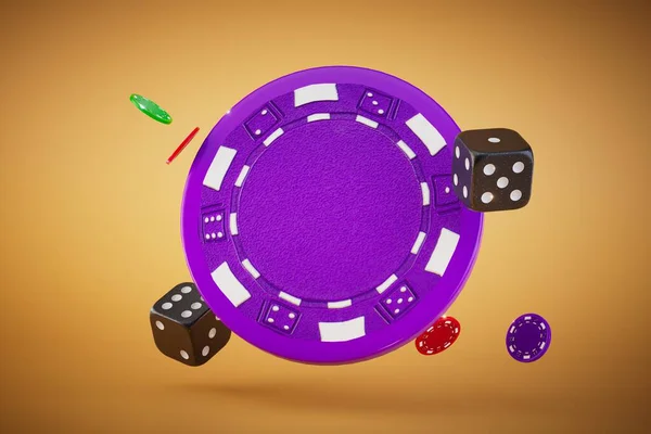 the concept of gambling. multi-colored chips and dice flying on a pastel background. 3D render.