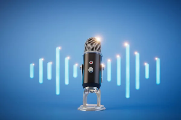 Record an audio track. Professional blue microphone and audio track on blue background. 3D render.