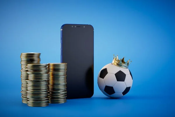 online betting on the football championship. smartphone, dollar coins and soccer ball in the crown. 3D render.