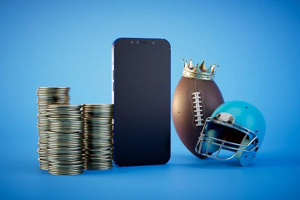 sports betting. smartphone, rugby ball in the crown and helmet, stacks of dollar coins on a blue background. 3D render.