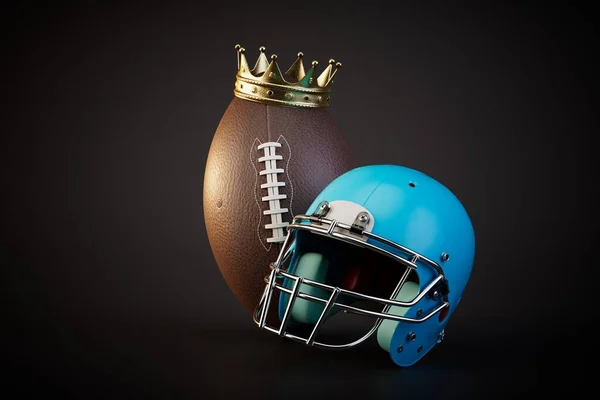 winner of the match. an American football ball in a crown and a helmet on a black background. 3D render.