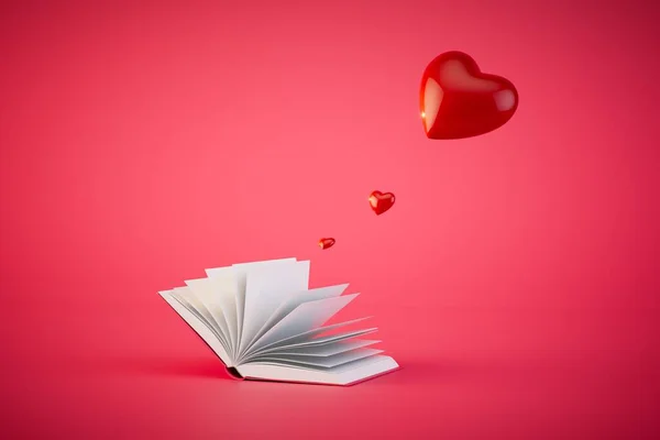 reading a love novel. an open book from which the heart flies out on a red background. 3D render.