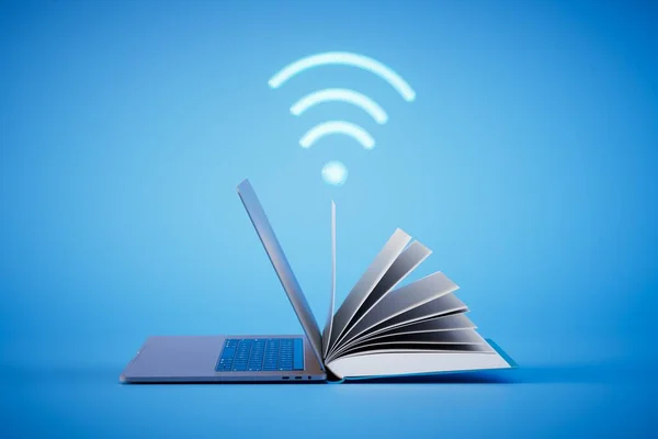 Stock image the concept of online learning. open book and laptop with a Wi-Fi icon on a blue background. 3D render.