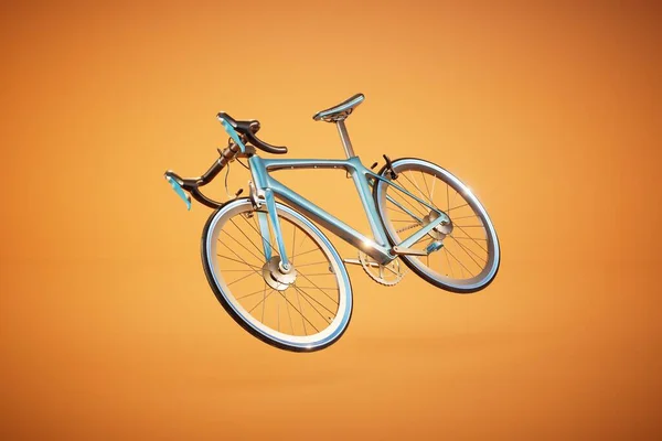 travelling by bike. bike with blue frame on an orange background. 3D render.