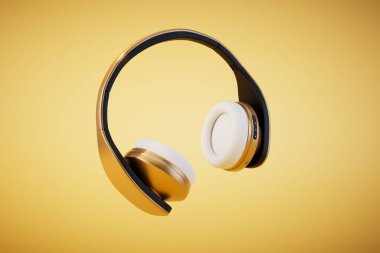 listening to music in headphones. headphones on a yellow background. 3D render.