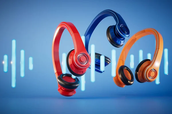 Escuchar Música Los Auriculares Pista Música Auriculares Multicolores Sobre Fondo —  Fotos de Stock