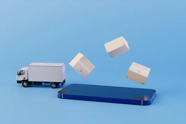 Rendelés Csomagkézbesítés Online Okostelefon Teherautó Ahonnan Csomagok Kék Háttérrel Repülnek — Stock Fotó