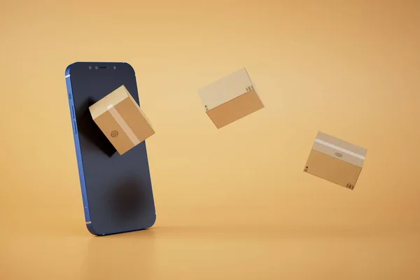 Paket Teslimatını Internetten Sipariş Akıllı Telefon Hangi Paketler Pastel Arka — Stok fotoğraf