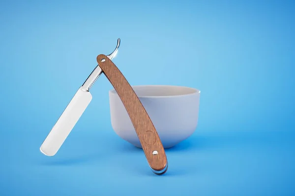 Mavi Arka Planda Tıraş Bıçağı Köpüklü Kase Hazırlayıcı — Stok fotoğraf