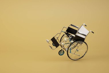 Özürlü insanların hareketi konsepti. Mavi arka planda düşen bir tekerlekli sandalye. 3 Boyutlu Hazırlama.
