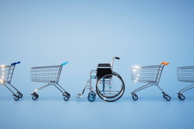 Engelli insanlar için alımlar. Mavi arka plandaki yemek arabalarının arasında bir tekerlekli sandalye. 3 Boyutlu Hazırlama.