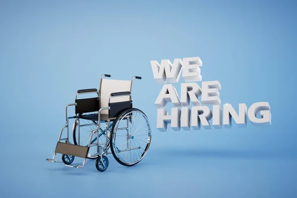 vacancy for people with disabilities. wheelchair and inscription we are waiting for you on a blue background. 3D render.