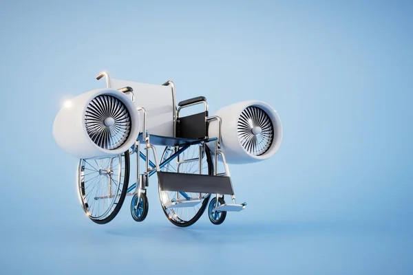 Cadeira Rodas Com Turbinas Aeronáuticas Sobre Fundo Azul Renderização — Fotografia de Stock