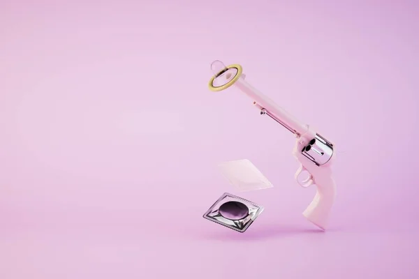 Revolver Dessen Spitze Ein Kondom Auf Pastellfarbenem Hintergrund Steht Renderer — Stockfoto