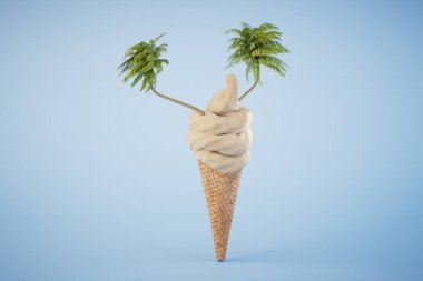 Yaz tatili konsepti. Palmiye ağaçlarının mavi arka planda gözüktüğü waffle bardağındaki kum. 3 Boyutlu Hazırlama.