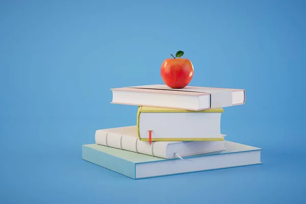 Concepto Aprendizaje Permanente Una Pila Libros Una Manzana Roja Sobre — Foto de Stock