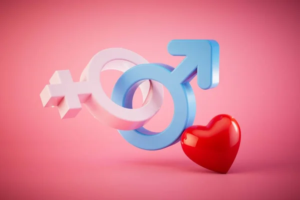 love between a man and a woman. crossed badges of a man and a woman and a heart on a pastel background. 3D render.