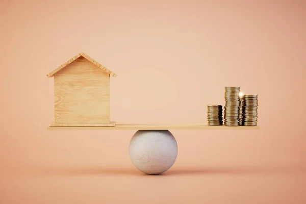 the price corresponds to the quality of the house. scales on which the house and stacks of coins. 3D render.