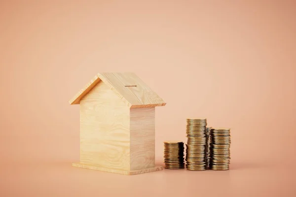 high cost of real estate. a house next to stacks of coins on a pastel background. 3D render.
