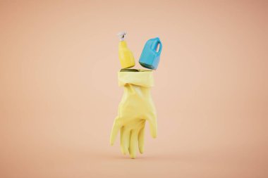 Temizlikten para kazanma kavramı. Deterjan ve pastel arka planı temizlemek için eldiven. 3 Boyutlu Hazırlama.