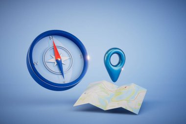 the concept of road definition. map with a GPS point and a compass on a blue background. 3D render. clipart