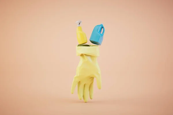 stock image the concept of earning on cleaning. detergent and gloves for cleaning on a pastel background. 3D render.