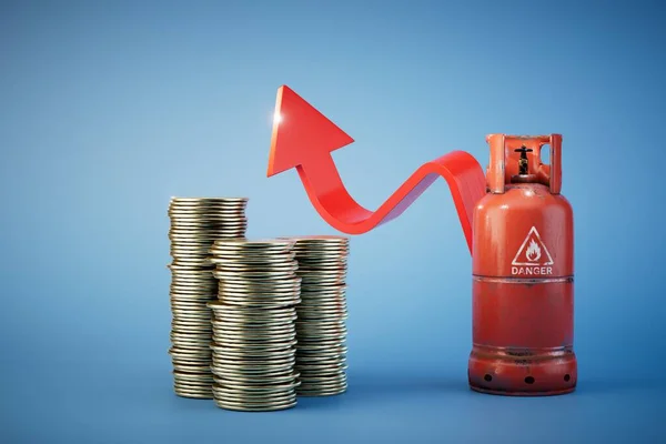 high cost of gas. a gas cylinder, stacks of dollar coins and an upward arrow on a blue background. 3D render.