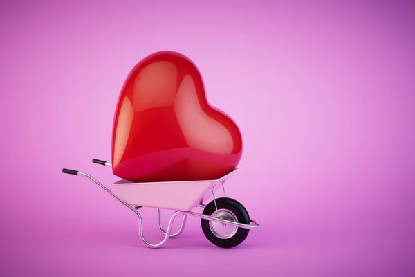 the concept of falling in love. a wheelbarrow in which a big heart on a pastel background. 3D render.