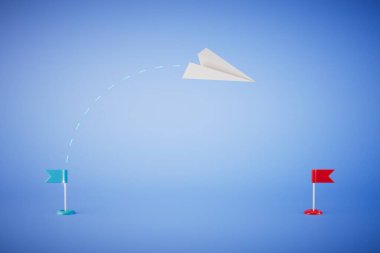 Kağıt uçağın uçuşu. Aralarında kağıt uçak olan kırmızı ve mavi bayraklar. 3 Boyutlu Hazırlama.