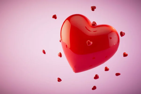 the concept of falling in love. a large heart around which small hearts scatter on a pastel background. 3D render.