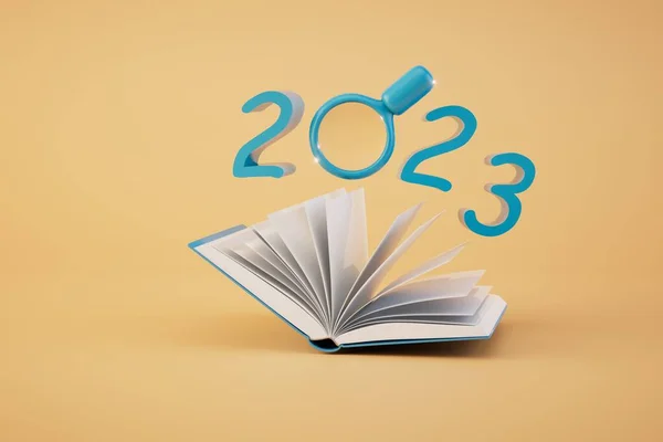 Conceito Formação 2023 Livro Aberto Uma Lupa Uma Inscrição 2023 — Fotografia de Stock