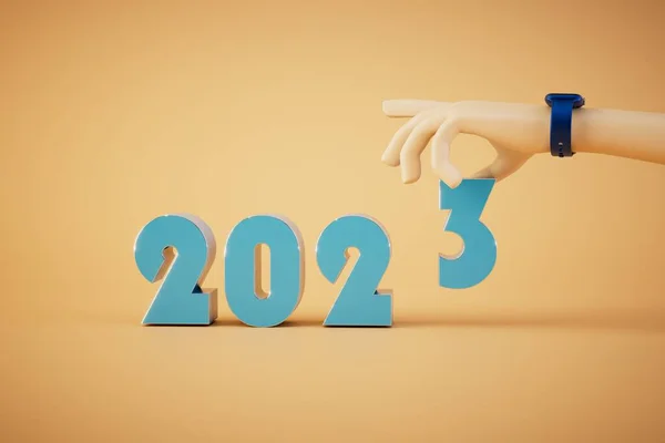 Mão Segurando Número Inscrição 2023 Fundo Pastel Renderização — Fotografia de Stock