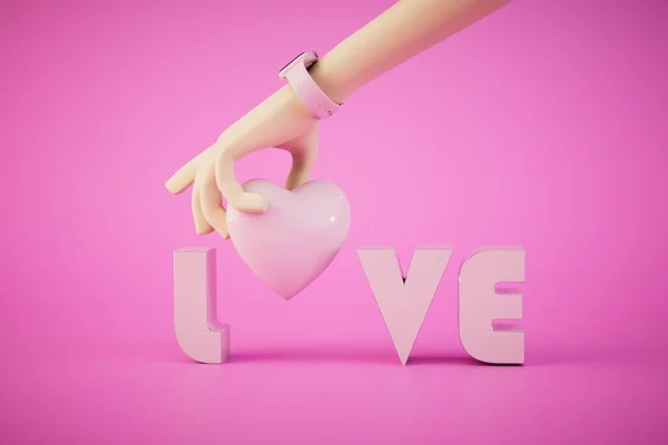 Concepto Enamorarse Mano Que Sostiene Corazón Dentro Inscripción Del Amor — Foto de Stock