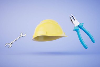 Tamir işleri için aletler. Mavi arka planda koruyucu kask, kerpeten ve İngiliz anahtarı. 3 Boyutlu Hazırlama.