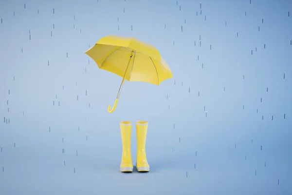 Дождливая Весна Открытый Зонтик Желтые Резиновые Сапоги Синем Фоне Рендеринг — стоковое фото