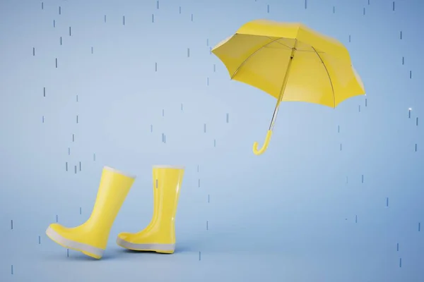 Защита Весеннего Дождя Открытый Зонтик Желтые Резиновые Сапоги Синем Фоне — стоковое фото