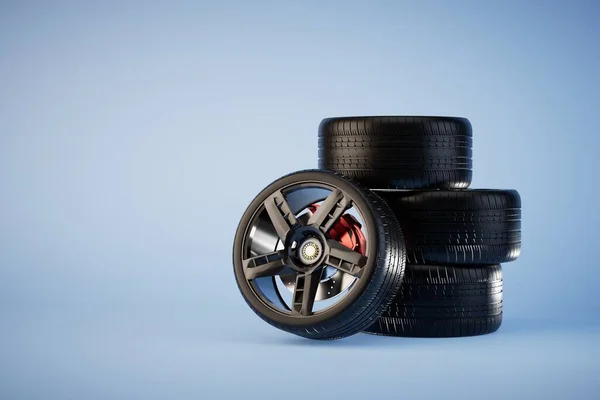 Earnings Tire Service Stack Wheels Car Blue Background Copy Paste — Stock Photo, Image