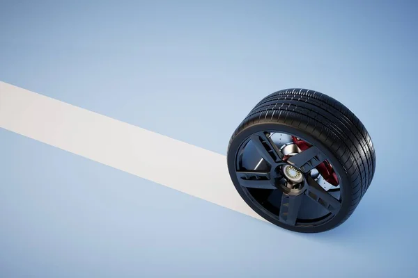 更换汽车车轮的概念 车轮在蓝色背景的白色条纹上滚动 3次渲染 — 图库照片